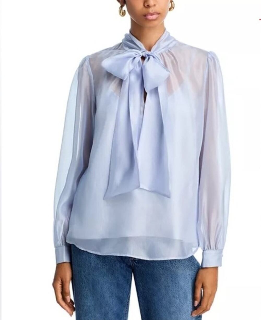 NEW! Light Blue Chiffon Bow Tie Neck Blouse Long Sleeve Top Size L